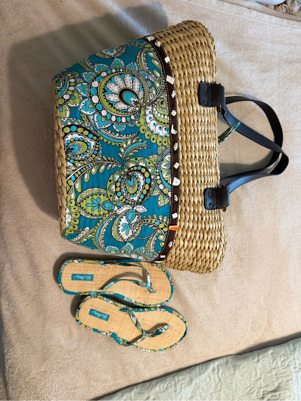 Vera Bradley Woven Straw Tote with Teal Paisley Print
